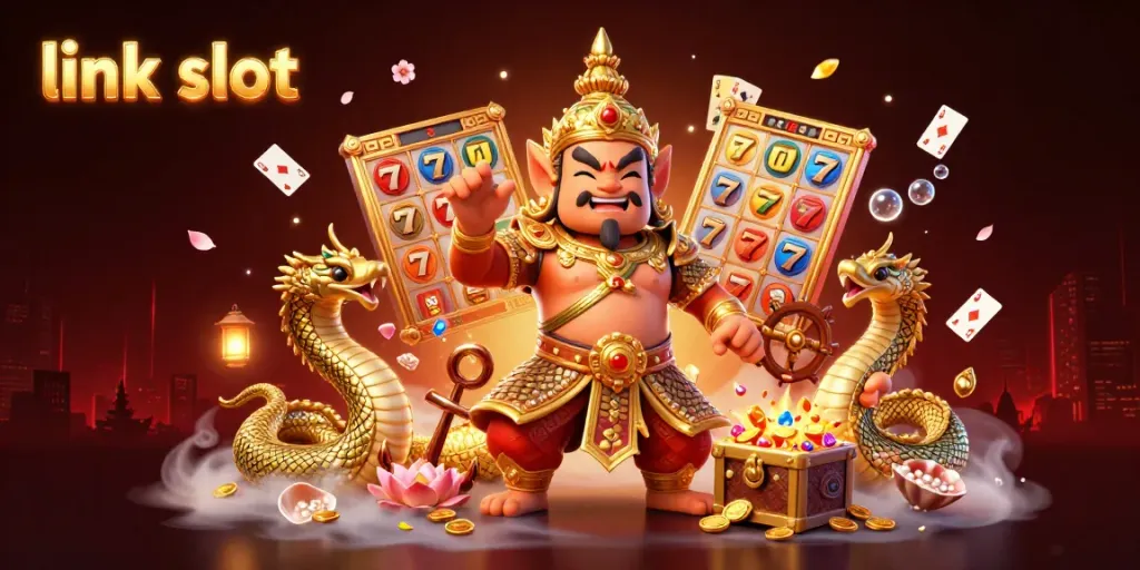 Engaging scene of a friendly guardian with Naga serpents surrounded by link slot elements and treasures.