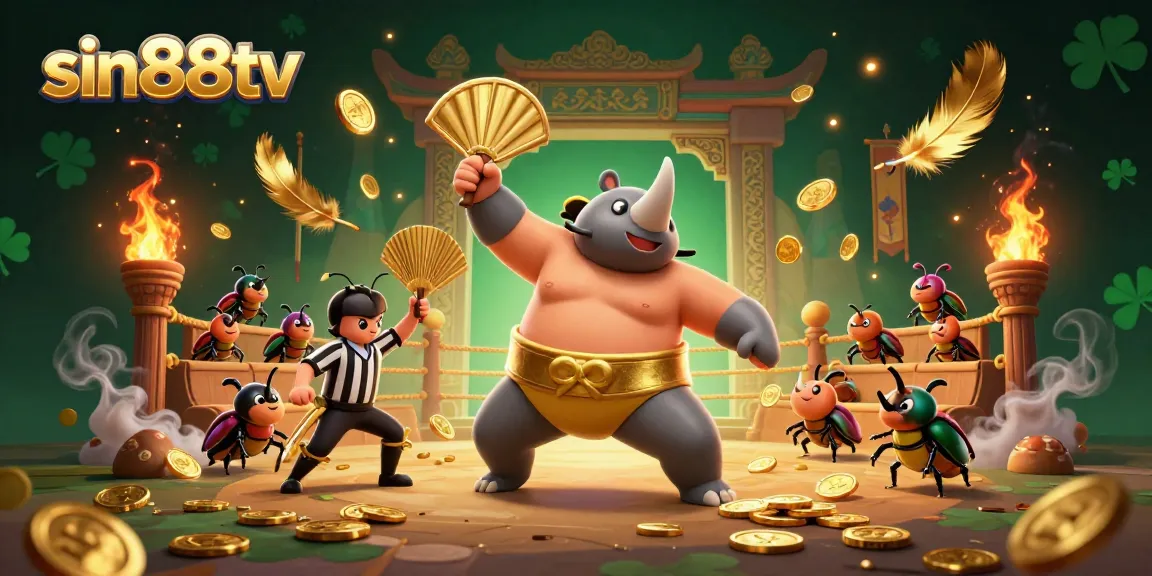 Spectacular scene depicting sin88tv's thrilling casino action, showcasing beetle champion amidst golden coins.