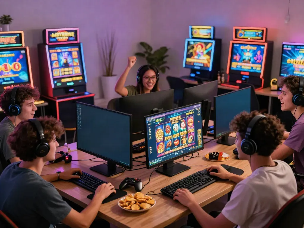 Group of friends enjoying king999 online slots gaming experience in a cozy living room.