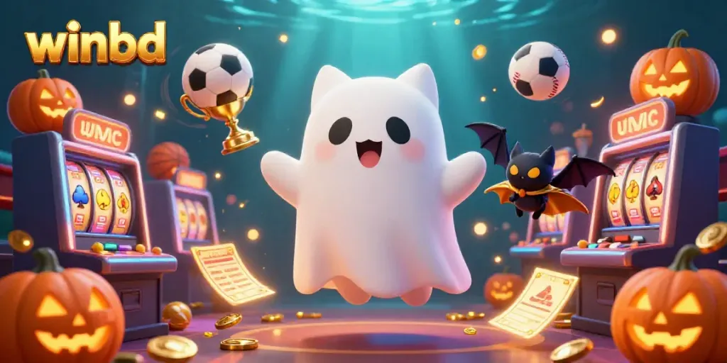 Engage in exciting gaming with winbd featuring a friendly ghost cat and dynamic casino elements.