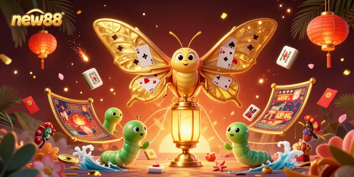Experience new88's vibrant casino scenes with the majestic atlas moth and gold-themed illustrations.
