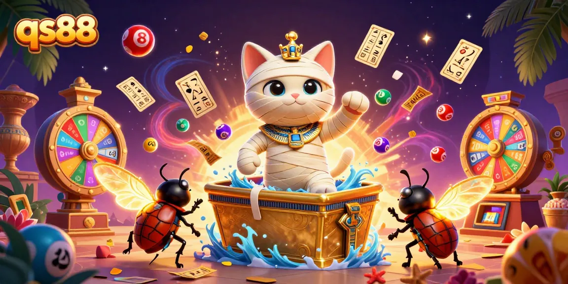 qs88 enhances gaming excitement with a vibrant 3D illustration of a mummy cat and casino elements.