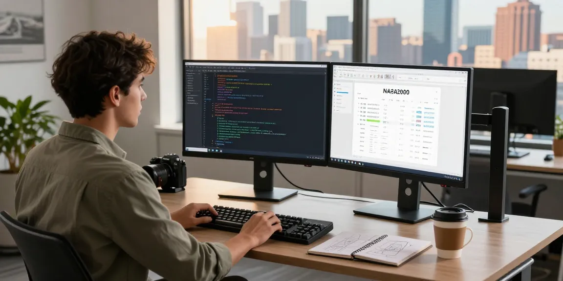 NAGA2000 software engineer at a tech workspace, analyzing design on multiple monitors