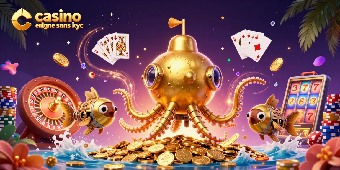 Jouez sur un casino en ligne sans KYC avec ce kraken sous-marin en or, entouré de jetons et de jeux de casino.