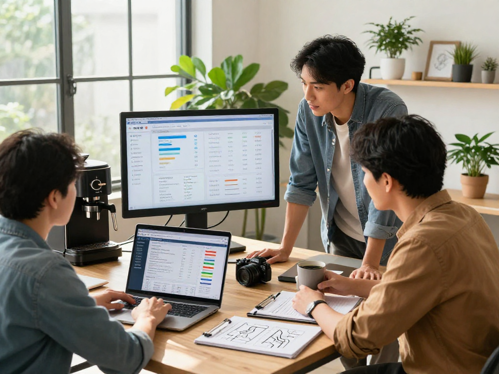 Home service marketing agency operators collaborating on local SEO strategies in a modern office setting.