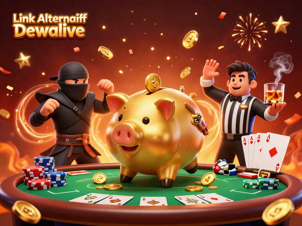 Engage with the Link Alternatif Dewalive through dynamic casino action featuring a golden piggy bank sumo wrestler and gaming champions.