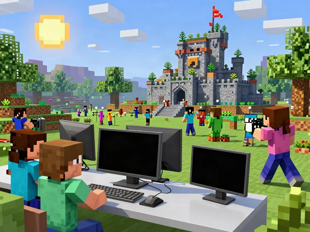 Dynamic gameplay on Minecraft servers with players building and battling in a colorful virtual landscape.