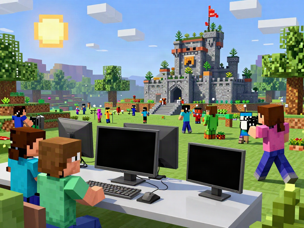 Dynamic gameplay on Minecraft servers with players building and battling in a colorful virtual landscape.