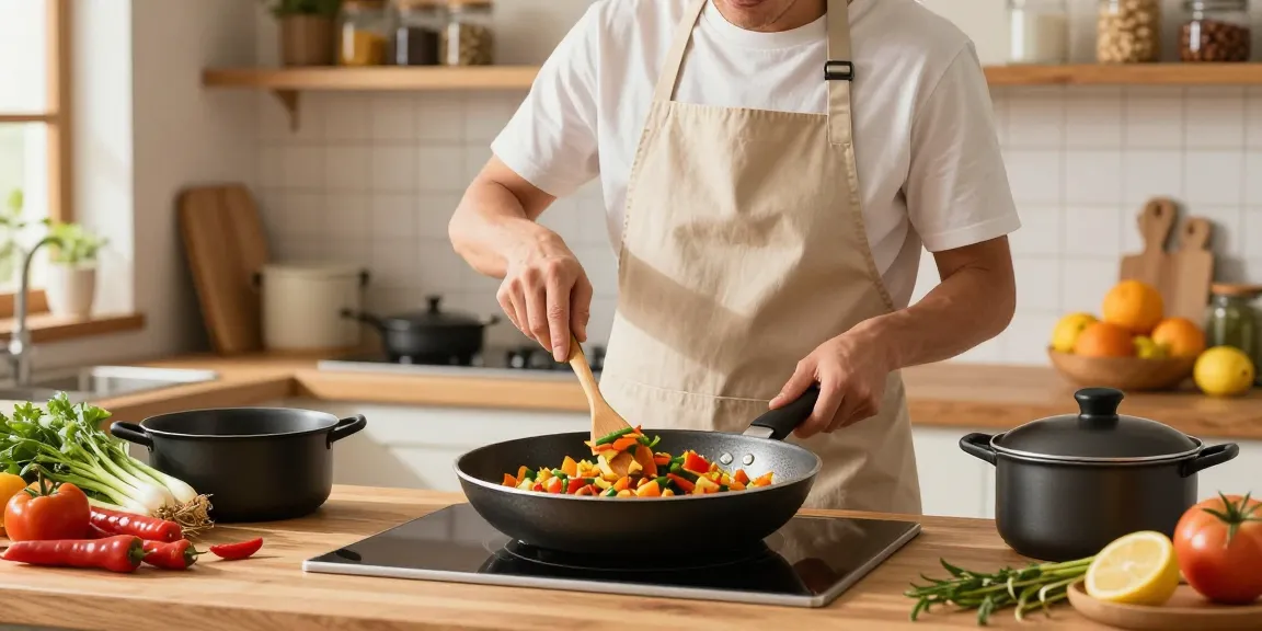 CookWare Price in Bangladesh showcased with a cook preparing stir-fry in a warm kitchen.