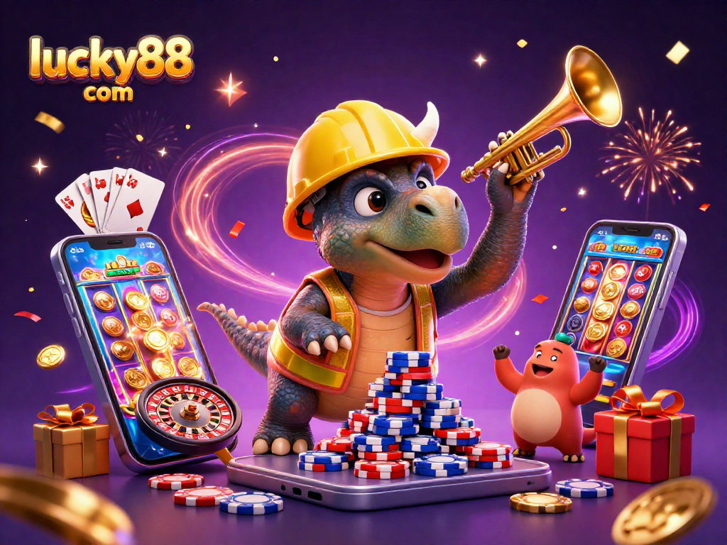 Engage with exciting gaming experiences at lucky88 com featuring a triceratops and celebration elements.