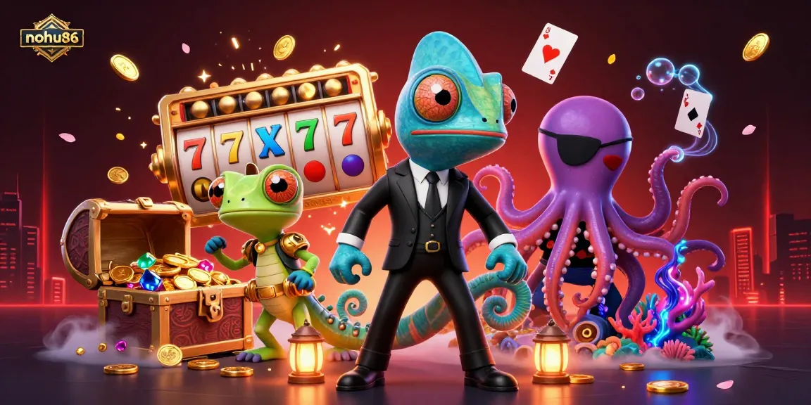 Engage with nohu86 in a vibrant 3D casino scene featuring a chameleon, gecko, and octopus amidst spinning slots and coins.