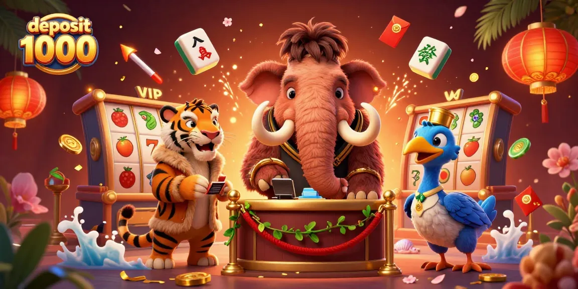 Engage with deposit 1000 slots featuring vibrant characters like a woolly mammoth bouncer and tiger guest.