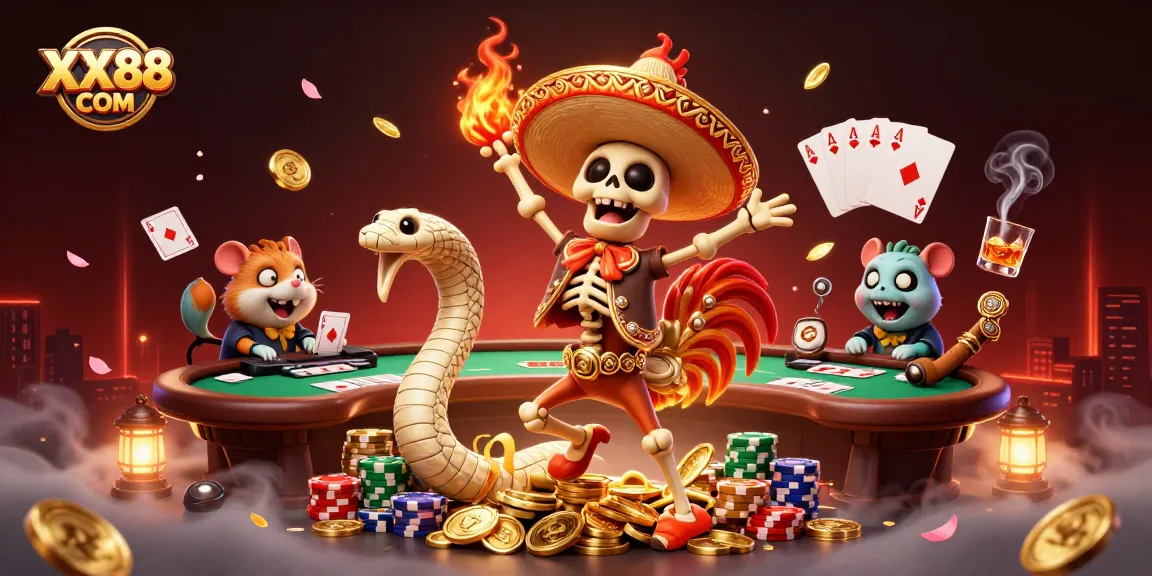 Experience the vibrant gaming world of XX88 COM with a lively illustration of a dancing mariachi rooster and golden treasures.
