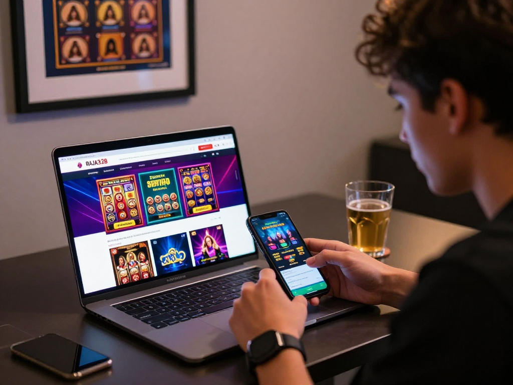 Engaging online gambling scene showcasing link alternatif raja328 with player exploring vibrant games.