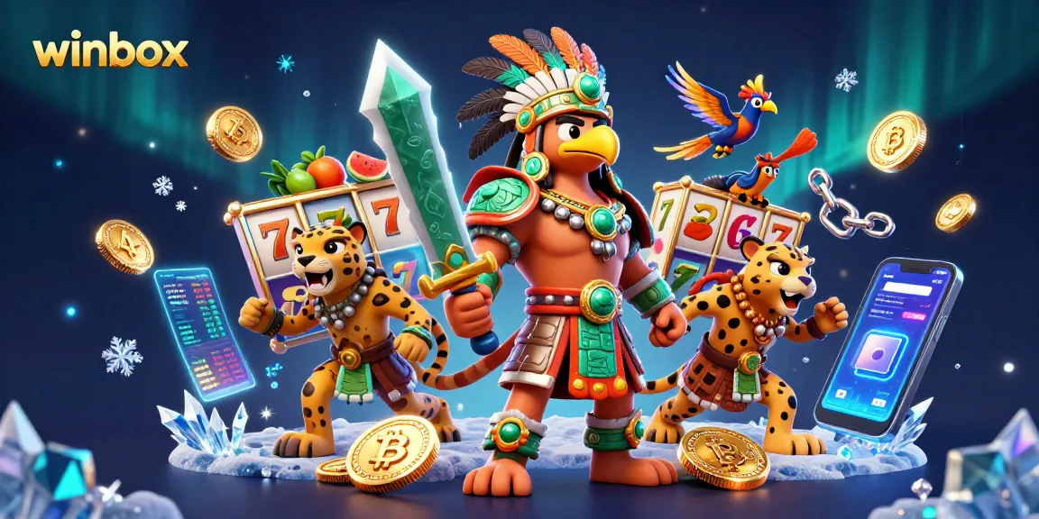 Experience thrilling wins at winbox with vibrant slot reels and Aztec warriors in this immersive digital art.