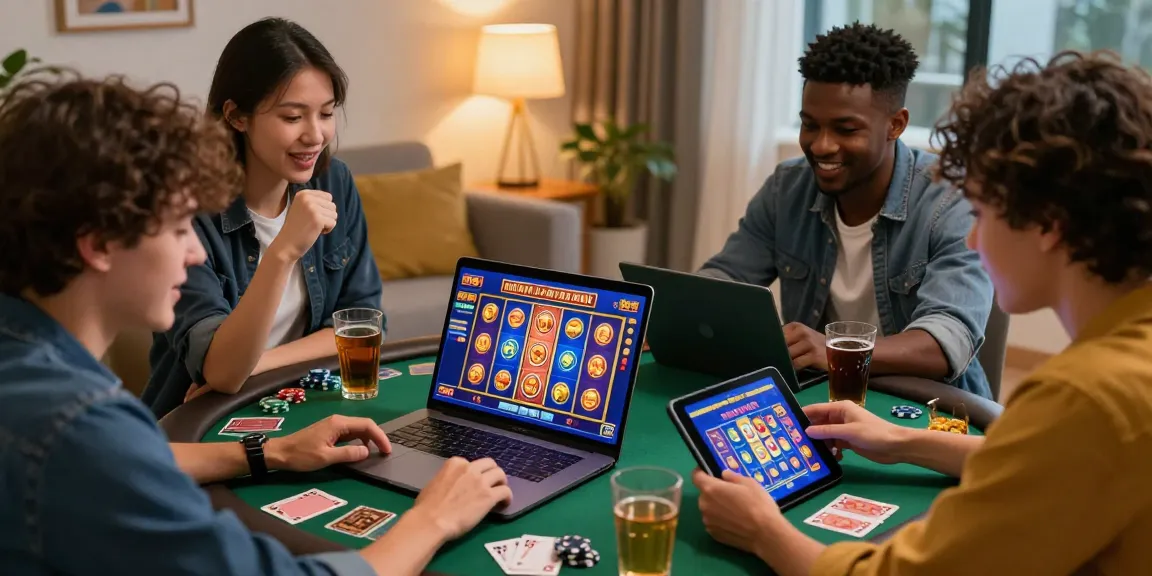 Friends enjoying a thrilling slot online terpercaya game session on a laptop with vibrant visuals.