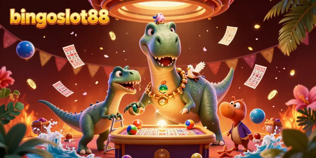 Permainan seru bingoslot88 dengan dinosaurus dan raptor mendekor binggo dalam suasana meriah.