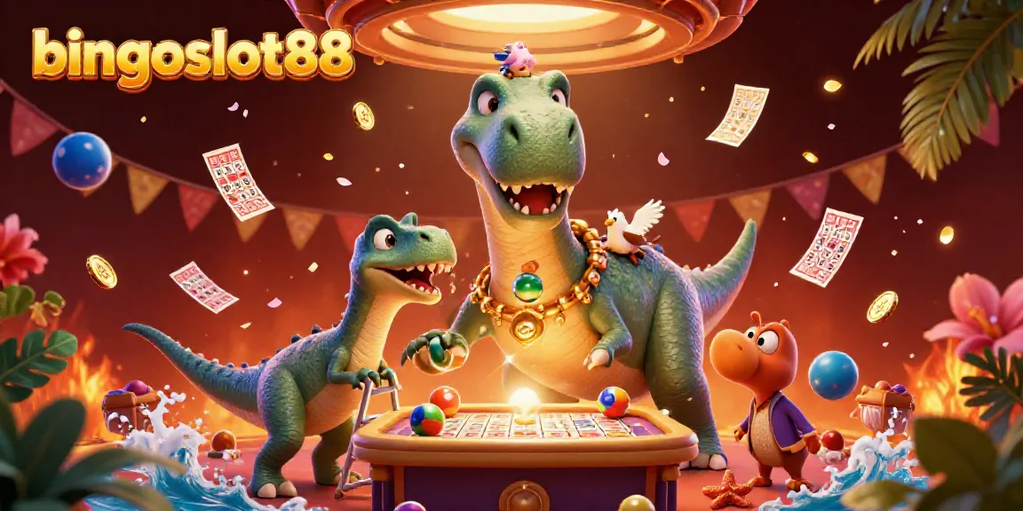 Permainan seru bingoslot88 dengan dinosaurus dan raptor mendekor binggo dalam suasana meriah.