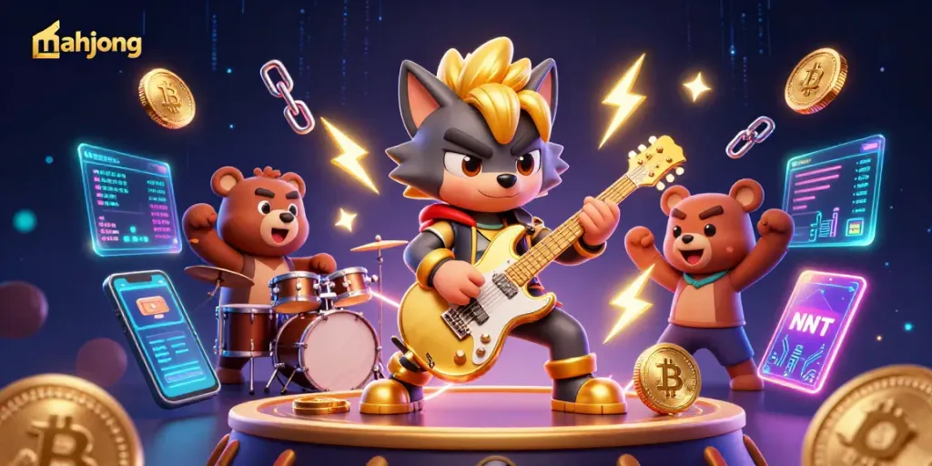 Play mahjong with vibrant 3D visuals featuring a rock star wolf on a casino stage.