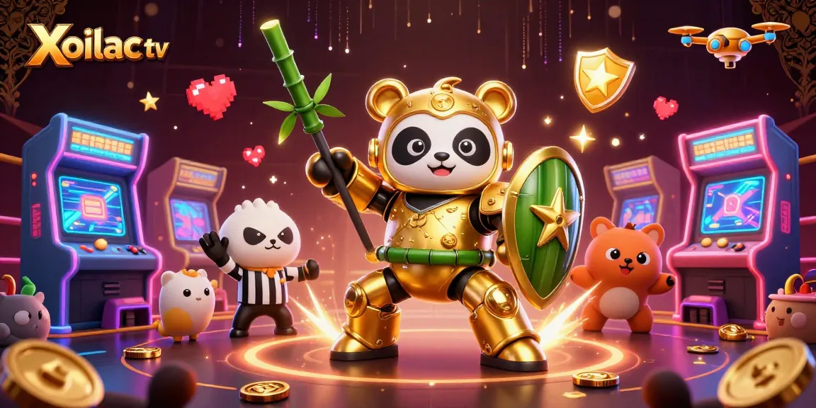 Xoilac tv showcases a vibrant 3D casino-themed battle scene with dynamic characters and interactive elements