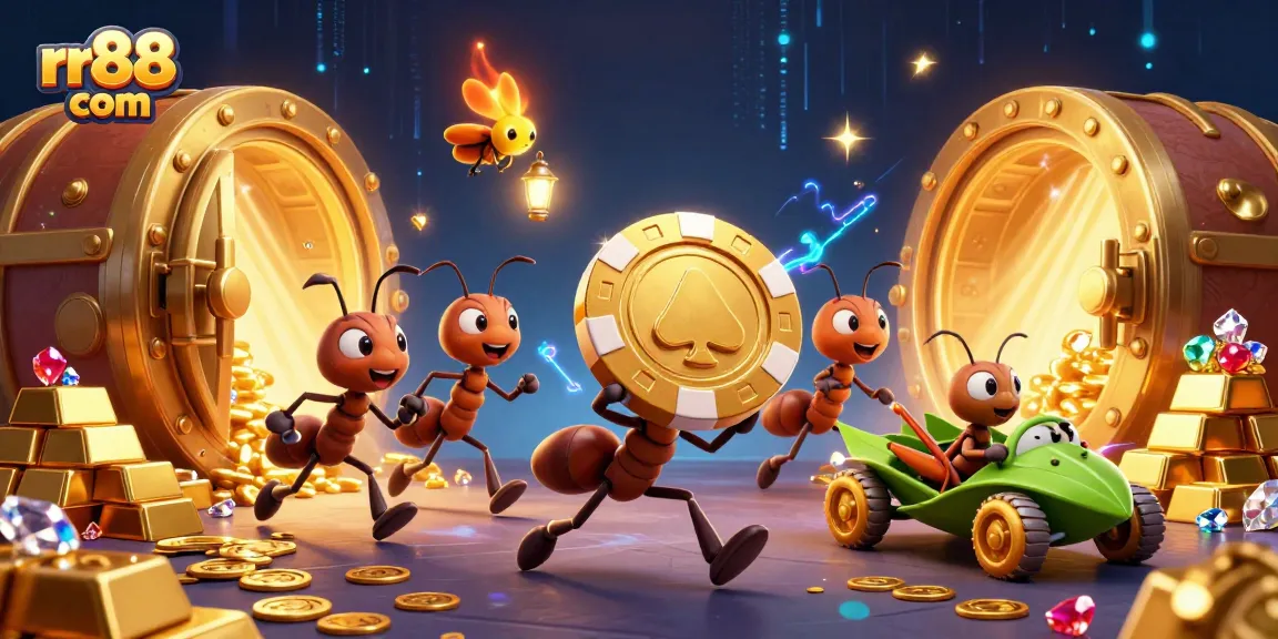 Experience the thrill at rr88 com with a dynamic scene of ants heisting a giant poker chip among treasures.