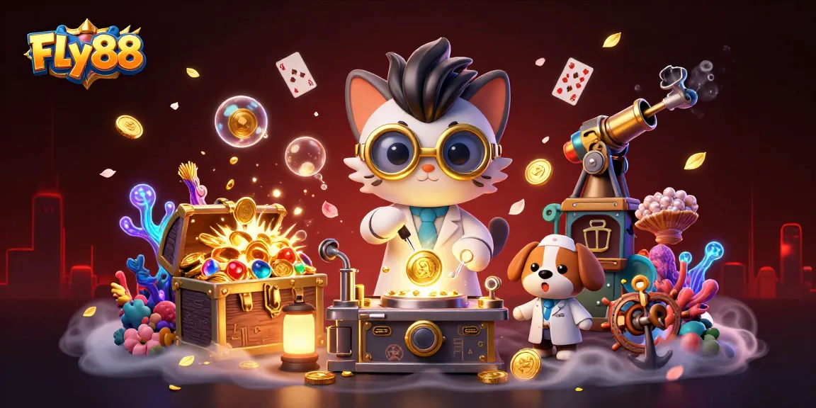 Join the fun at FLY88, where the mad scientist and dog assistant celebrate with winnings in an exciting casino.