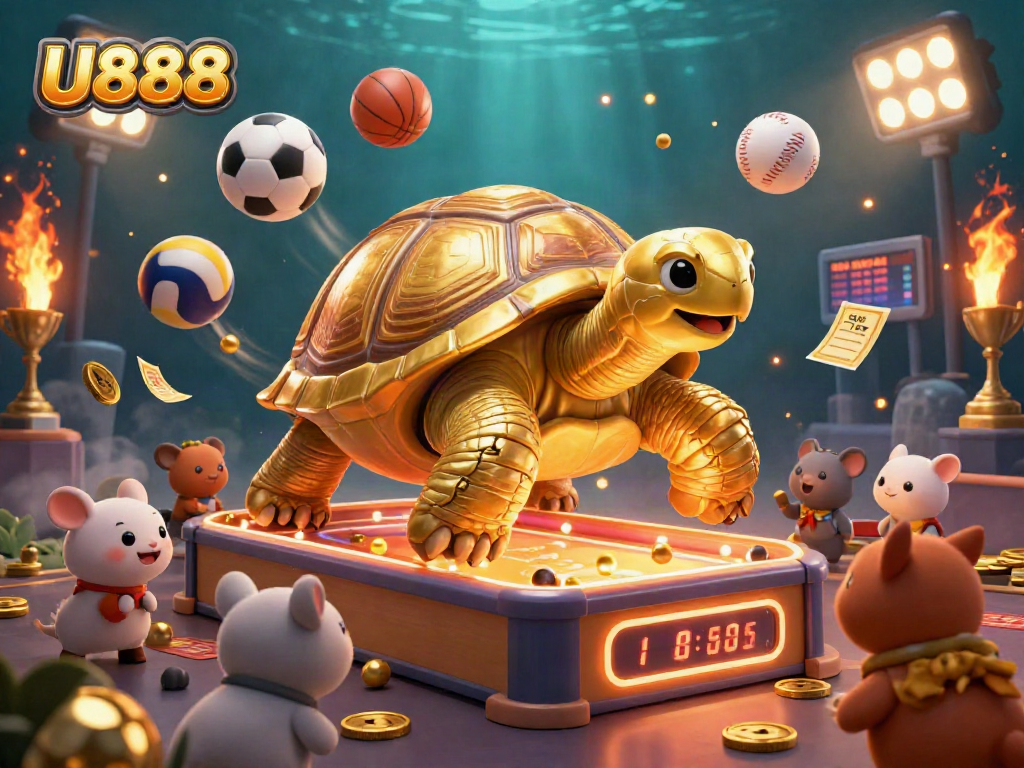 Experience the excitement of U888 gaming with a dynamic scene of the colossal tortoise pinball machine and sports elements.