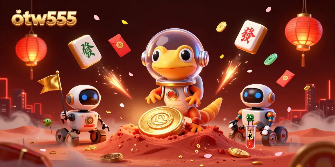 Engage with otw555 as the Martian gecko ventures through a golden casino in a 3D illustration.
