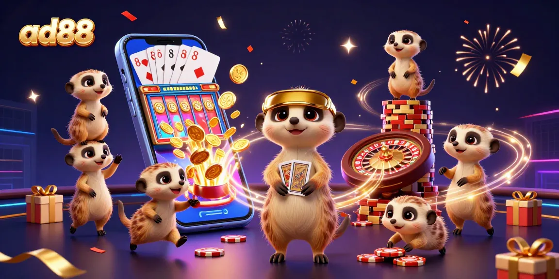 Experience the excitement at ad88 with meerkats running a vibrant casino scene filled with games and fun.
