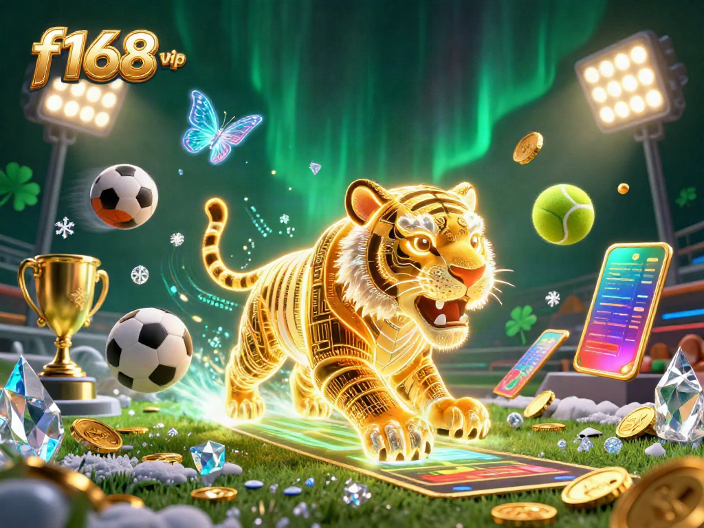 Experience f168 vip's thrilling digital sports betting with a neon golden tiger and holographic butterflies.