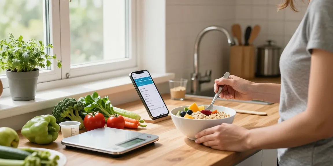 Health-conscious individual using the best calorie tracking apps to prepare a nutritious meal in a bright kitchen