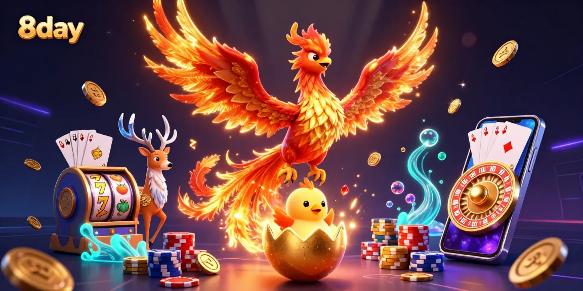 Win big with 8day's vibrant casino scene featuring phoenixes, slots, and poker elements.