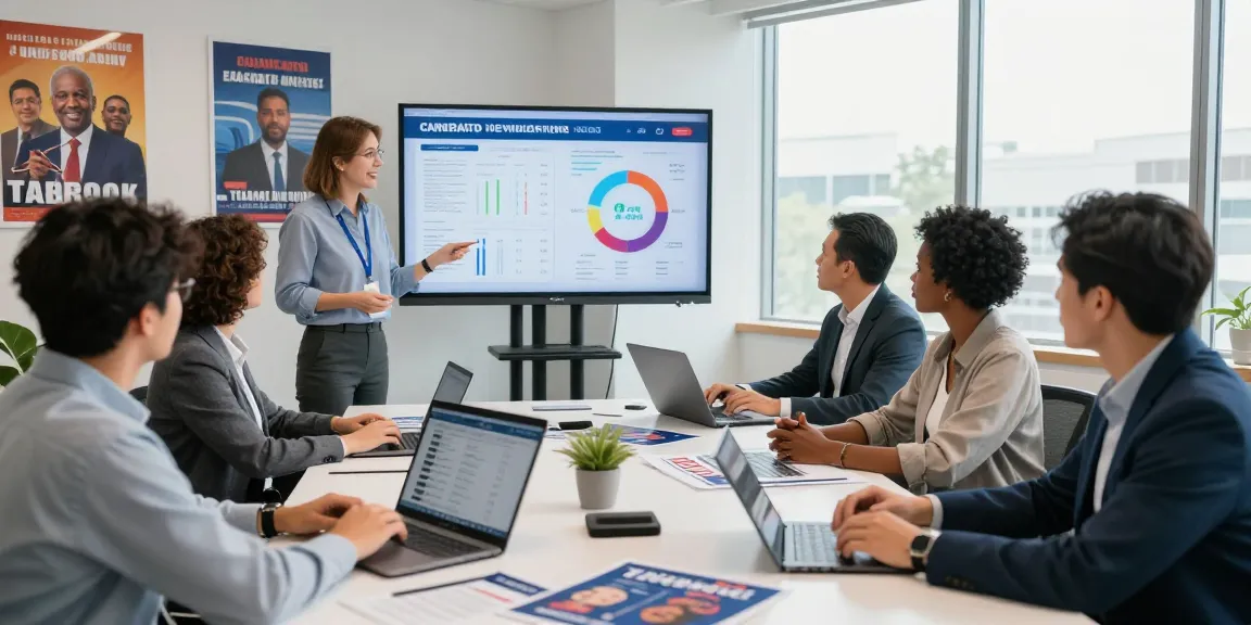 Political programmatic advertising strategy session with a diverse team analyzing voter data and campaign insights.