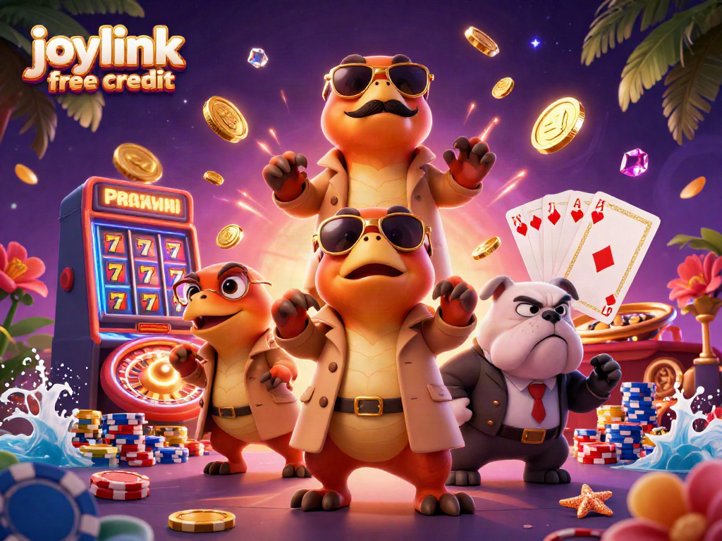 Spin to win with joylink free credit as playful raptors in a trench coat charm a bouncer at a VIP casino.
