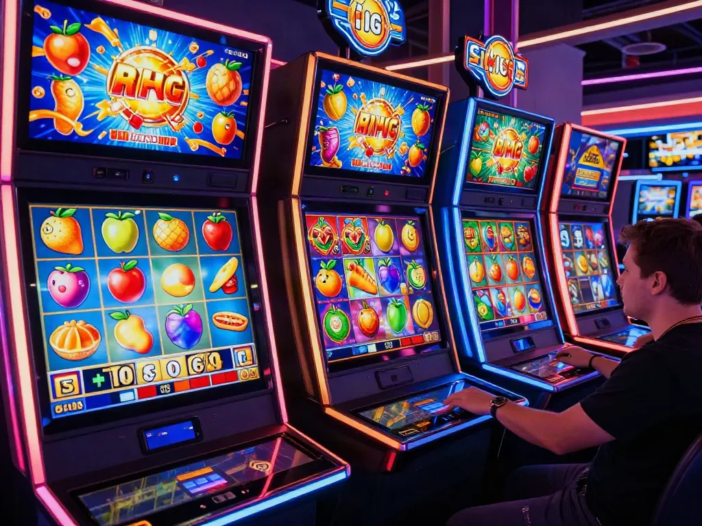 Permainan slot777 yang mengasyikkan dengan mesin slot cerah dan pemain bersemangat di kasino digital.