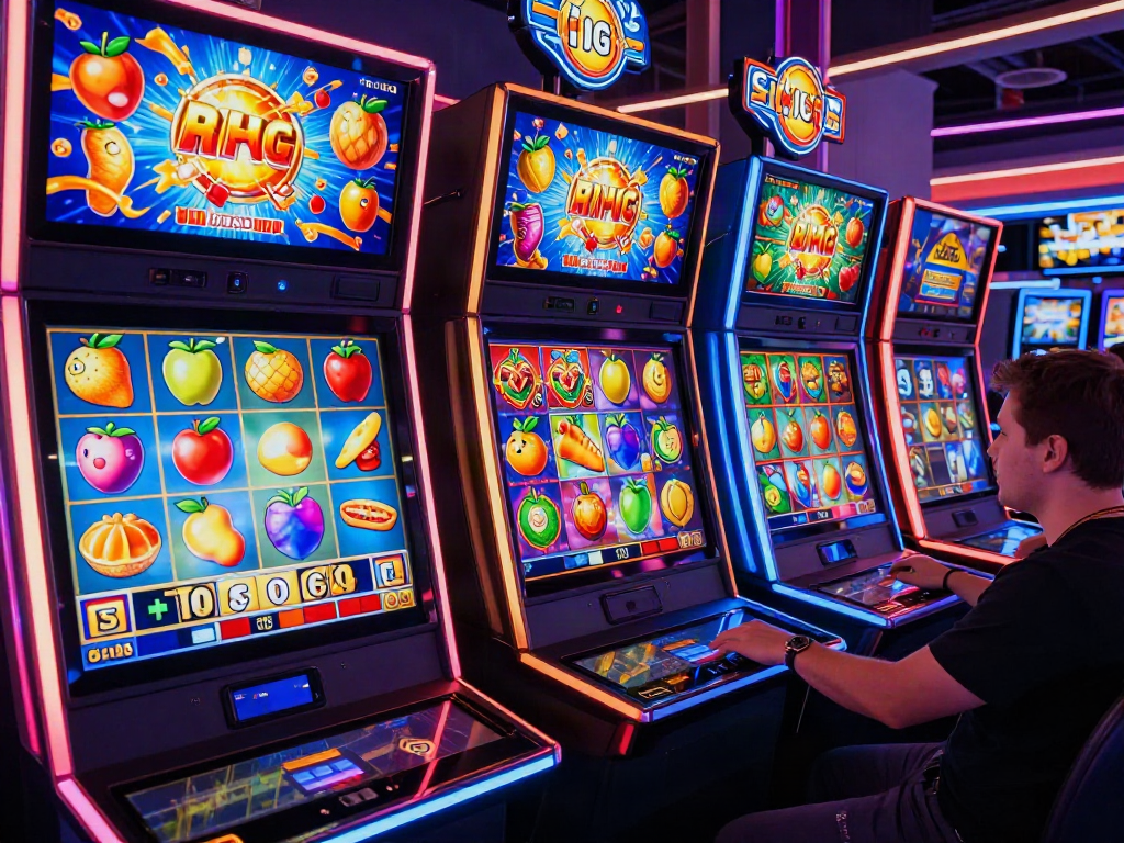 Permainan slot777 yang mengasyikkan dengan mesin slot cerah dan pemain bersemangat di kasino digital.