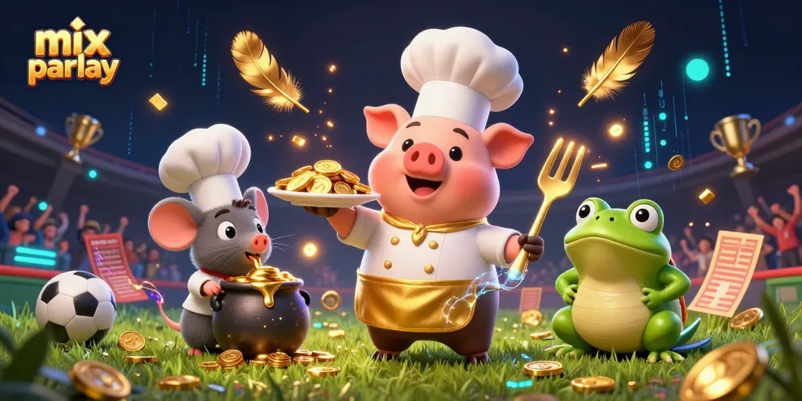 Engage in exciting mix parlay betting with a cheerful chef pig serving gold coins, experts at a vibrant stadium.