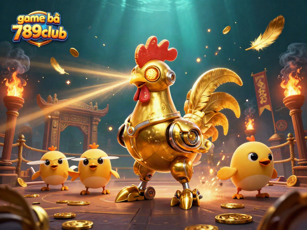 Engage in thrilling gameplay at game bài 789club with a dynamic 3D illustration showcasing robotic champions and golden prizes.