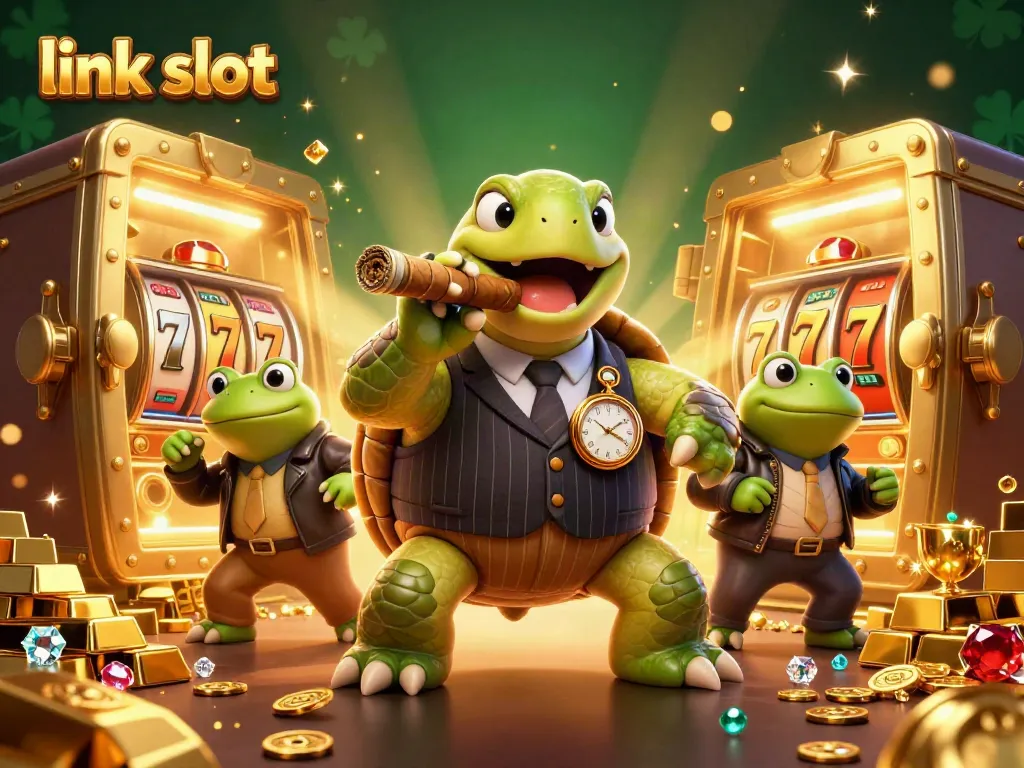 Experience the thrill of link slot games with a captivating 3D casino scene featuring a snapping turtle and bullfrog enforcers.
