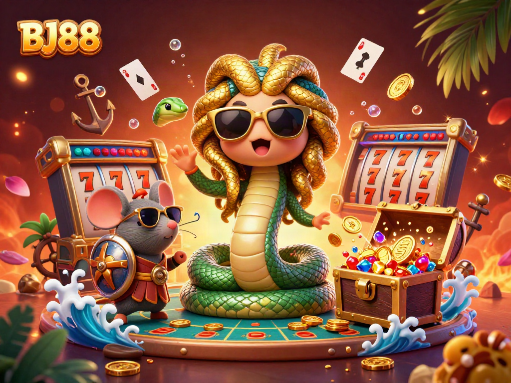 BJ88 players enjoy dynamic slot games amidst treasure chests and playful characters.