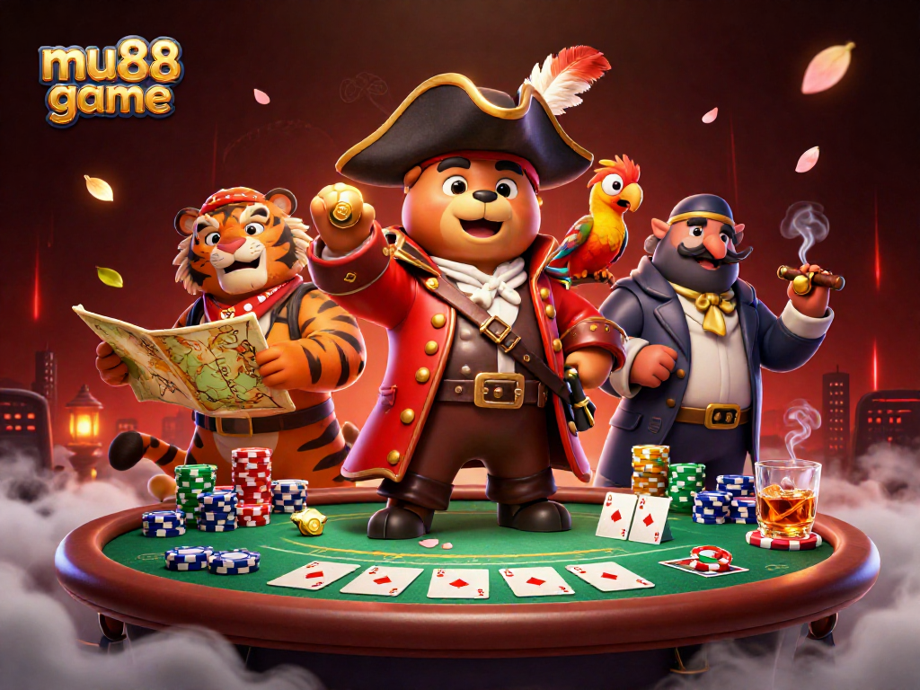 Experience the mu88 game universe with a pirate captain bear, tiger first mate, and casino elements.