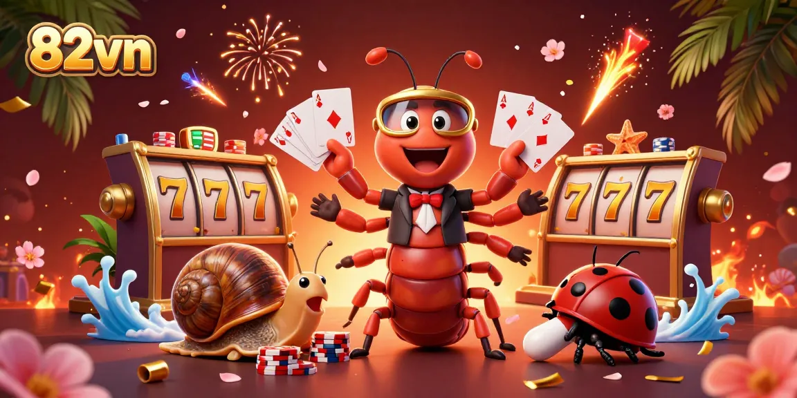 Engage with thrilling gameplay at 82vn, featuring a vibrant casino scene with a millipede dealer managing cards and chips.