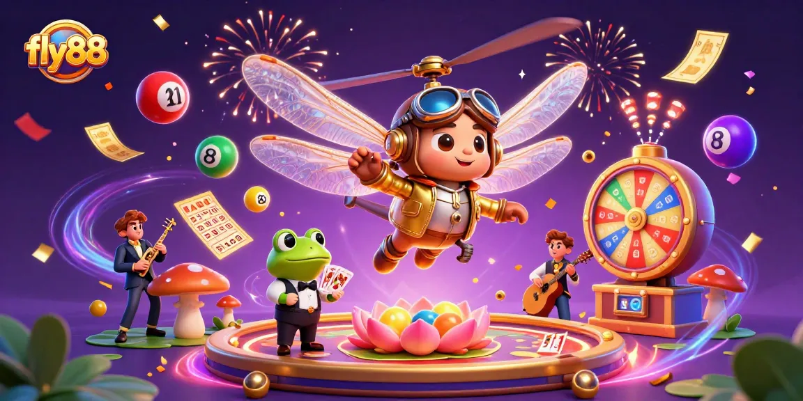 Experience the excitement of fly88 with a lively casino scene featuring a dragonfly pilot and frog croupier.