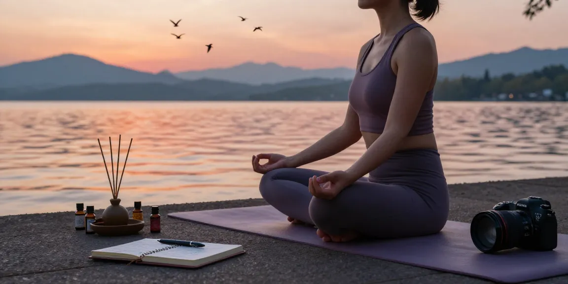 Person meditating by the lake at sunset with Motchill essential oils for relaxation.