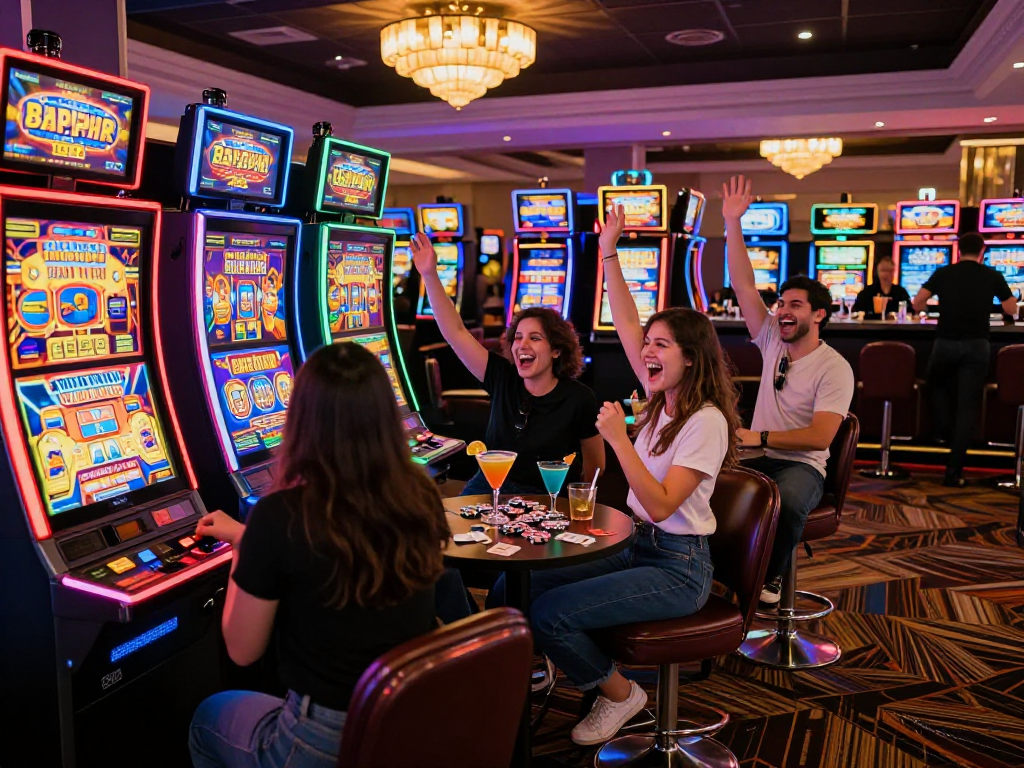 Excited friends celebrating a big win at slot gacor machines in a colorful casino atmosphere