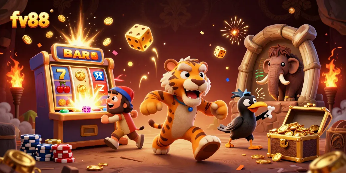fv88 features a dynamic prehistoric casino scene with characters and jackpot elements.