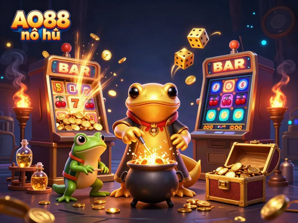 Experience the thrill of AO88 nổ hũ with a golden salamander alchemist creating gold coins in a magical casino atmosphere.