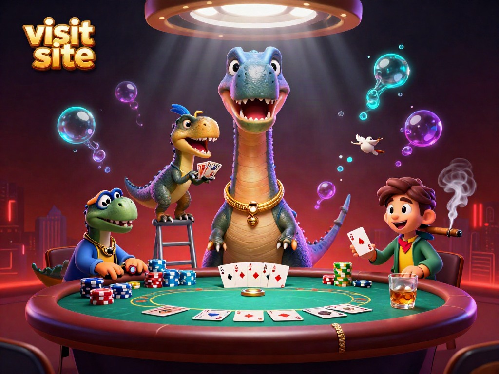 Visit site for thrilling poker action with cartoon dinosaurs in a vibrant casino scene.