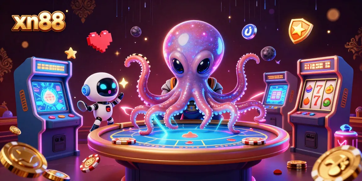 Engage in thrilling slots action at xn88 with a vibrant 3D illustration featuring an alien octopus and casino elements.
