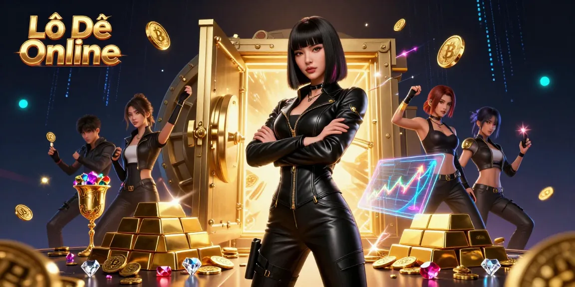 Lô Đề Online showcases a powerful Asian woman amidst dazzling treasures, symbolizing winning strategies in gambling.